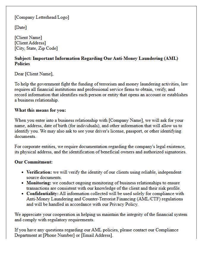 Anti-Money Laundering Policy and Procedure Information Letter