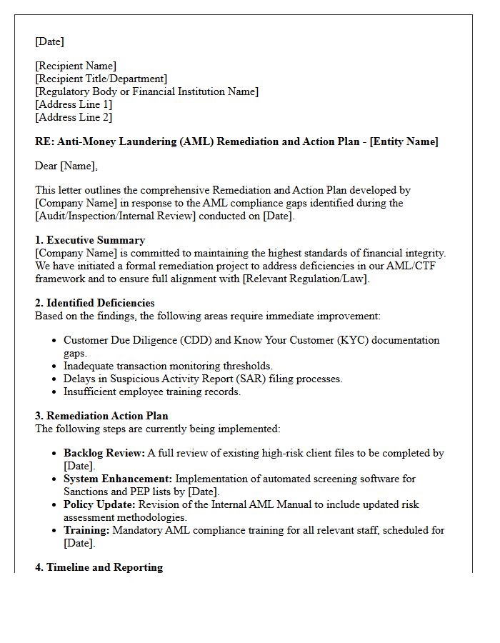 Anti-Money Laundering Remediation and Action Plan Letter