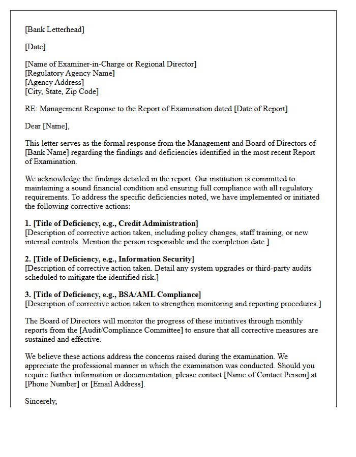 Bank Management Response to Examination Deficiencies Letter
