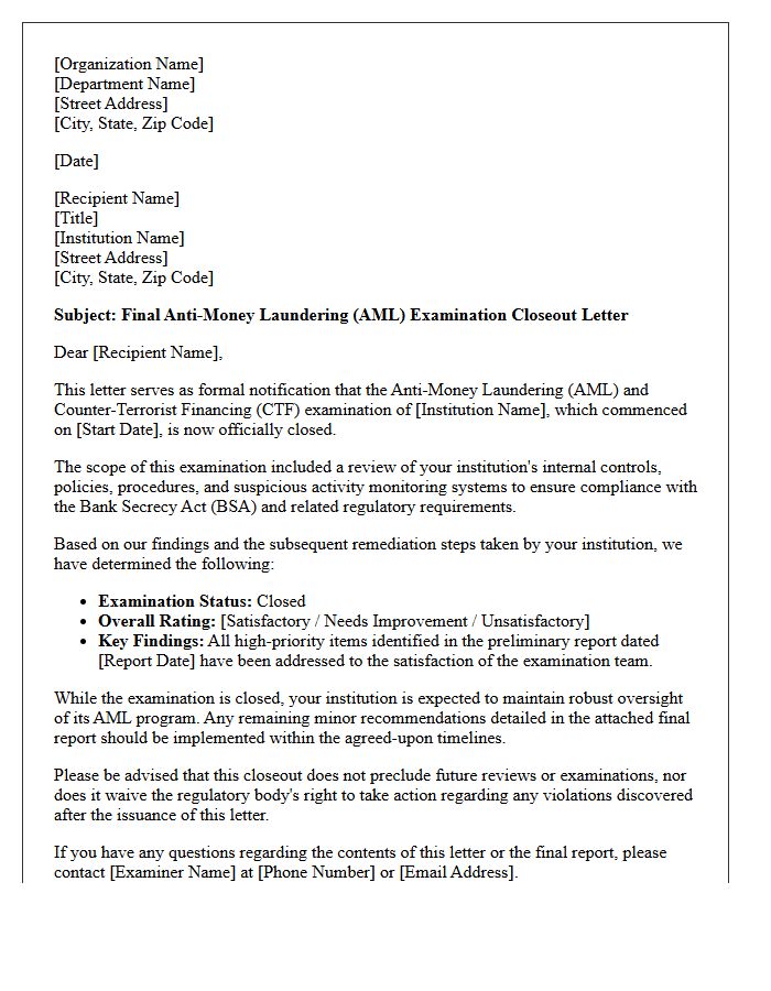 Final Anti-Money Laundering Examination Closeout Letter