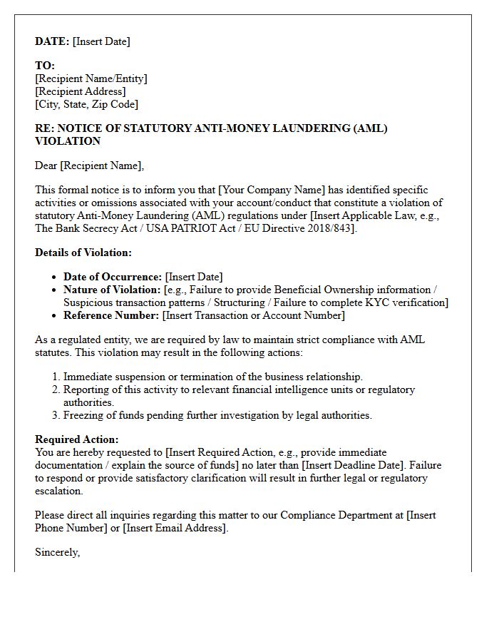 Notice of Statutory Anti-Money Laundering Violation Letter