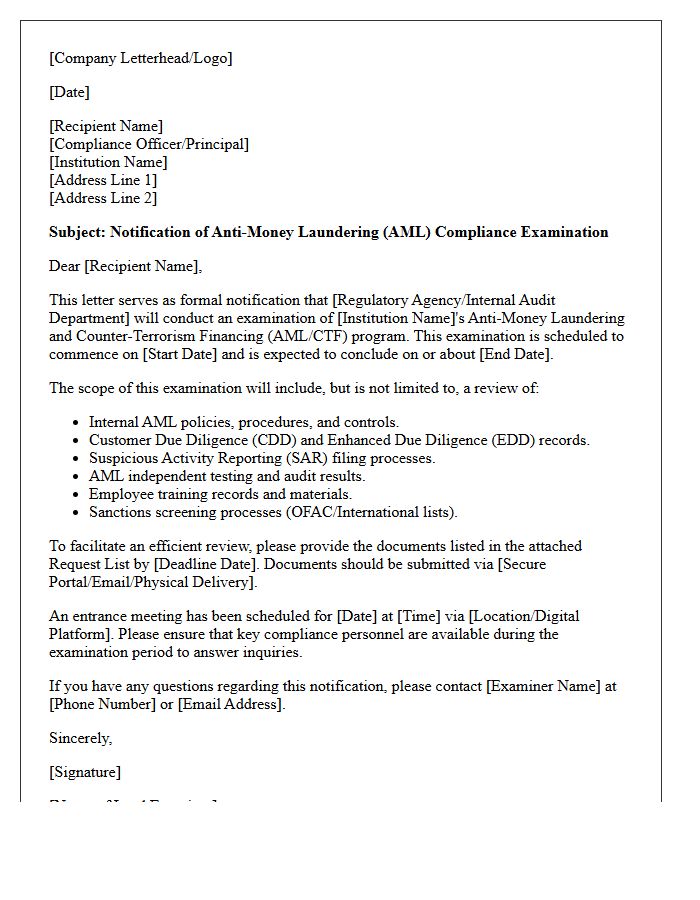 Notification of Anti-Money Laundering Examination Letter