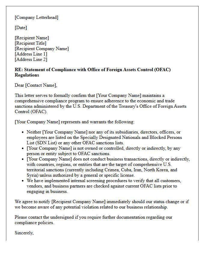 Office of Foreign Assets Control Sanctions Compliance Letter