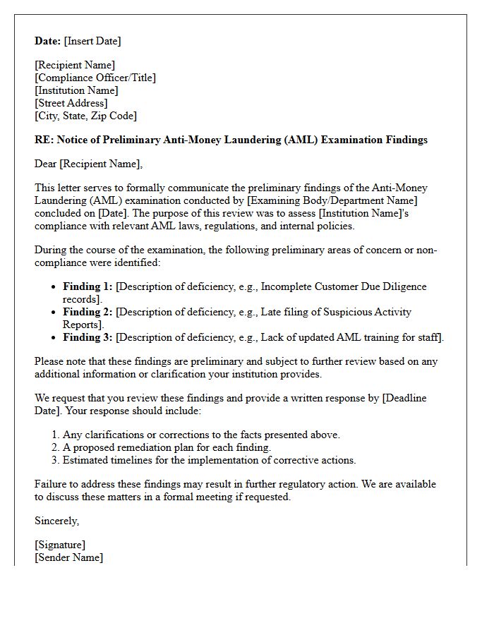 Preliminary Anti-Money Laundering Examination Findings Letter