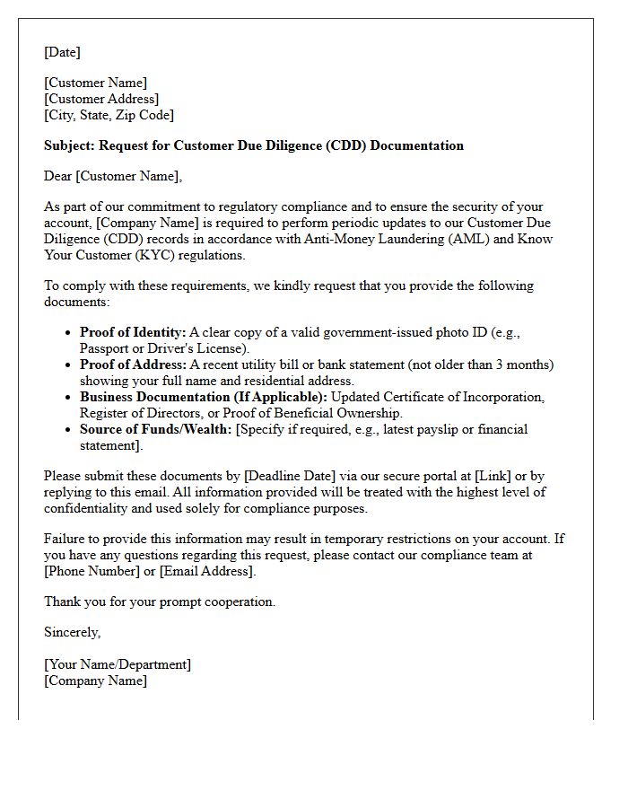 Request for Customer Due Diligence Documentation Letter