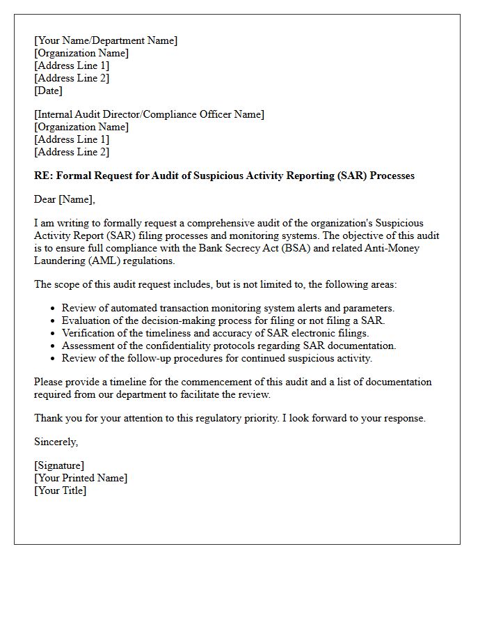 Suspicious Activity Report Audit Request Letter