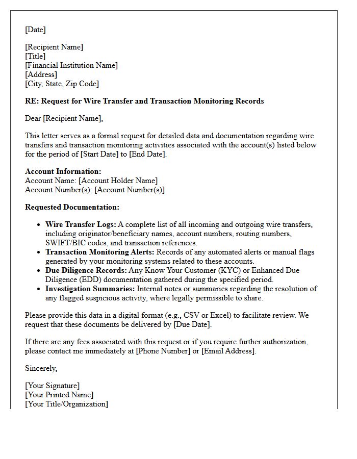Wire Transfer and Transaction Monitoring Data Letter