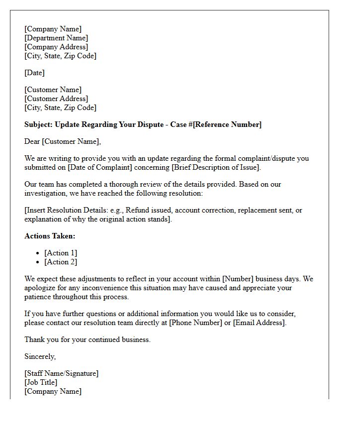 Customer Dispute And Complaint Resolution Update Letter