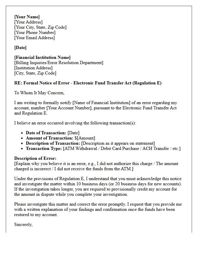 Electronic Fund Transfer Act Compliance Letter