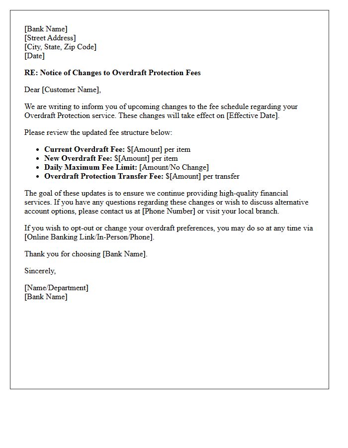 Overdraft Protection Fee Schedule Update Letter