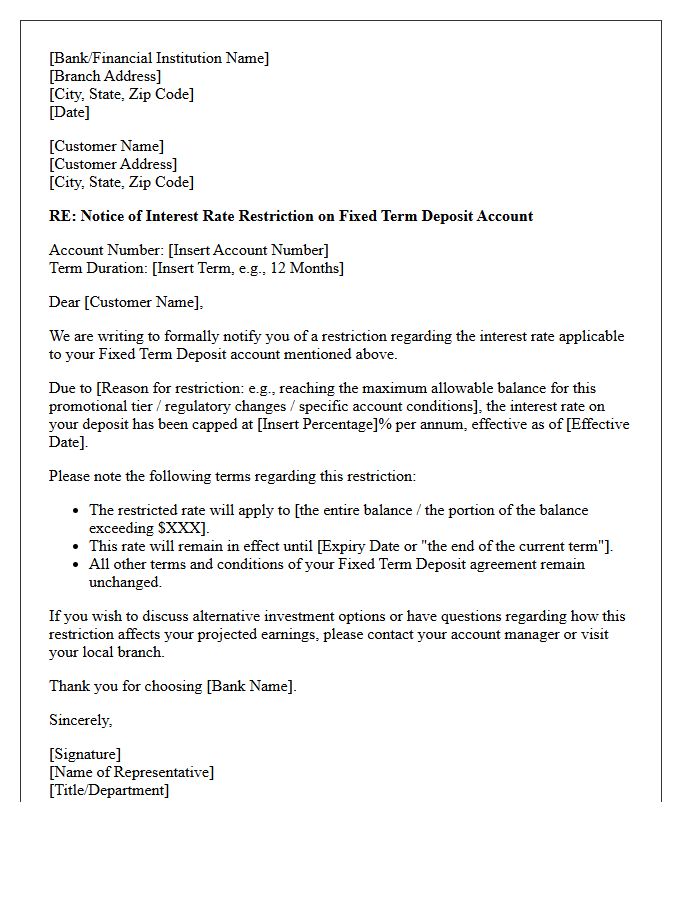 Fixed Term Deposit Rate Restriction Letter