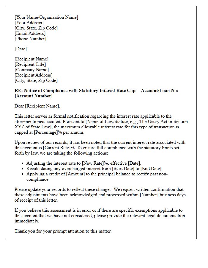 Statutory Interest Rate Cap Compliance Letter