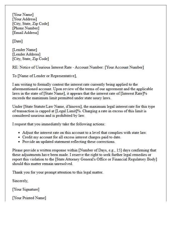 Usury Law Interest Rate Restriction Letter