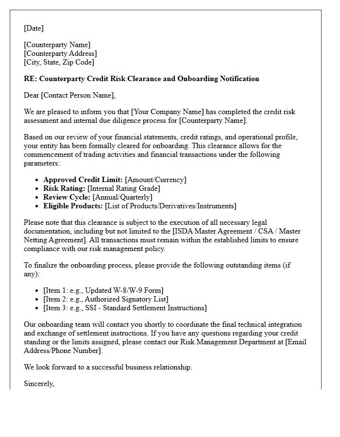 Counterparty Credit Risk Clearance And Onboarding Letter