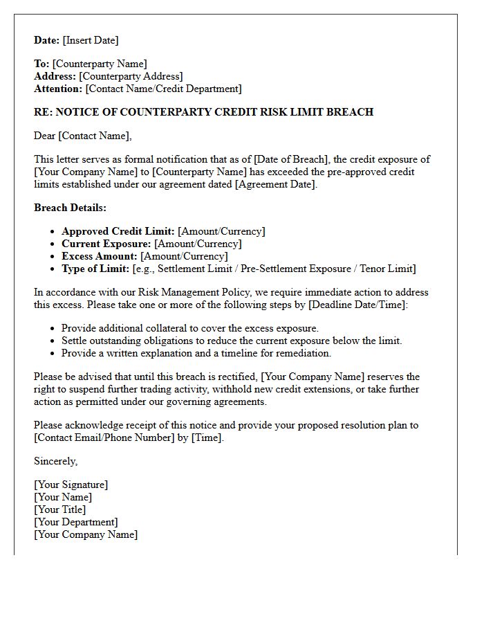 Counterparty Credit Risk Limit Breach Notice Letter