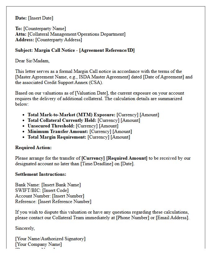 Counterparty Credit Risk Margin Call Letter