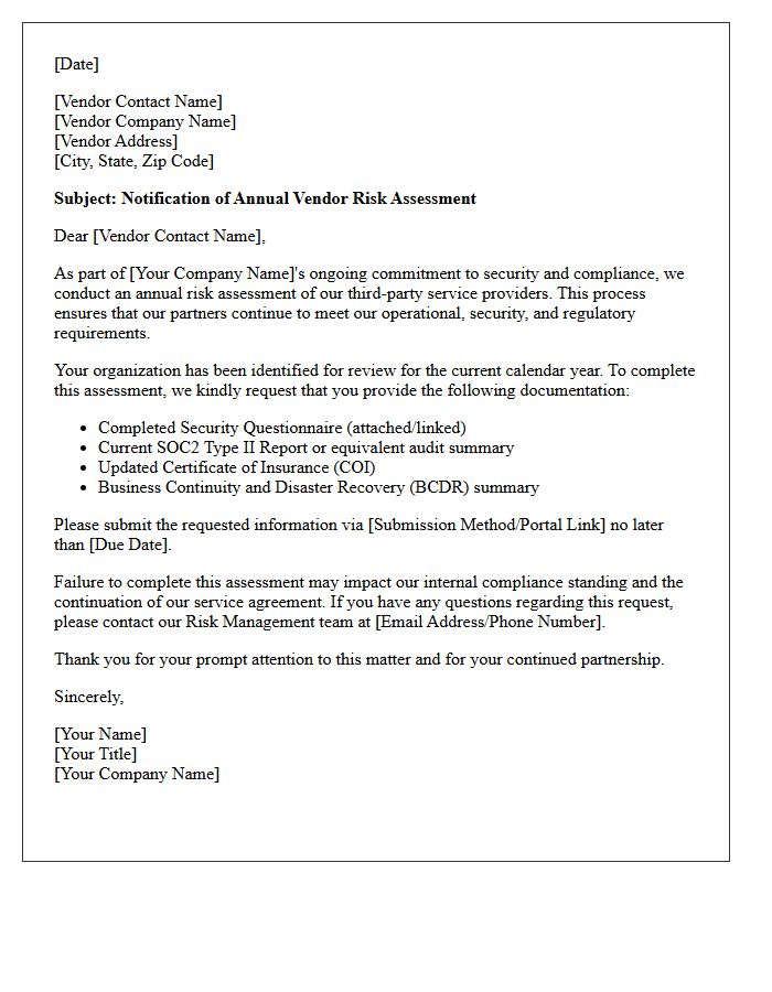 Annual Vendor Risk Assessment Advisory Letter