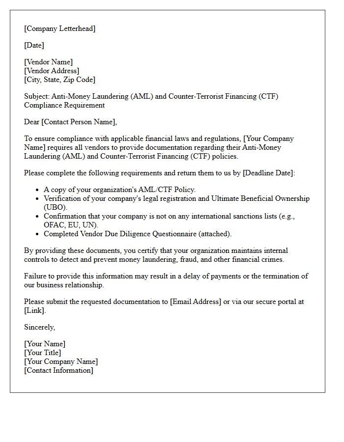 Anti-Money Laundering Vendor Compliance Letter