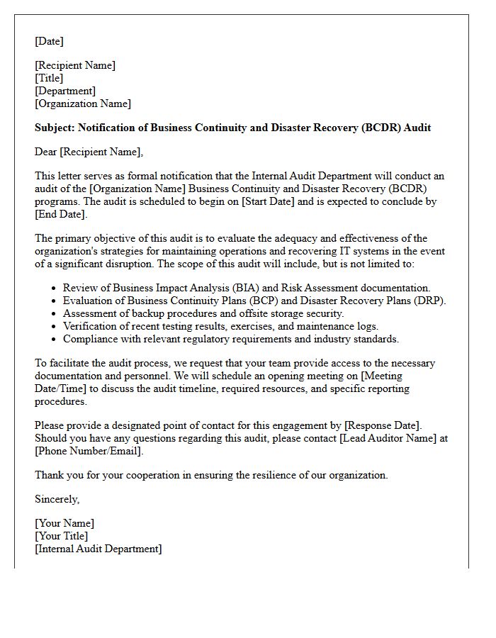 Business Continuity and Disaster Recovery Audit Letter