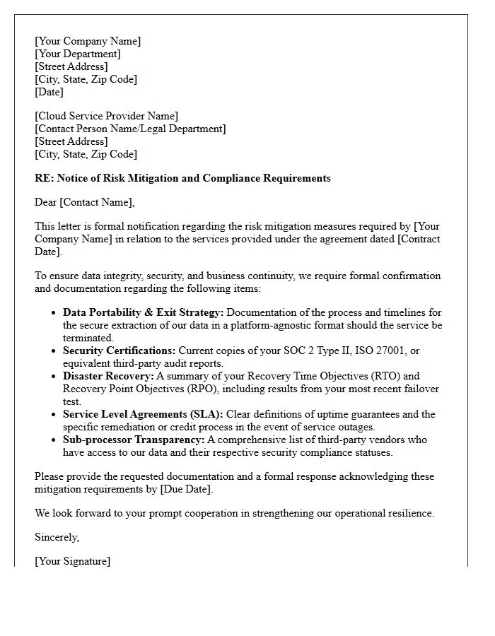Cloud Service Provider Risk Mitigation Letter