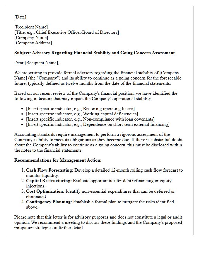 Financial Stability and Going Concern Advisory Letter