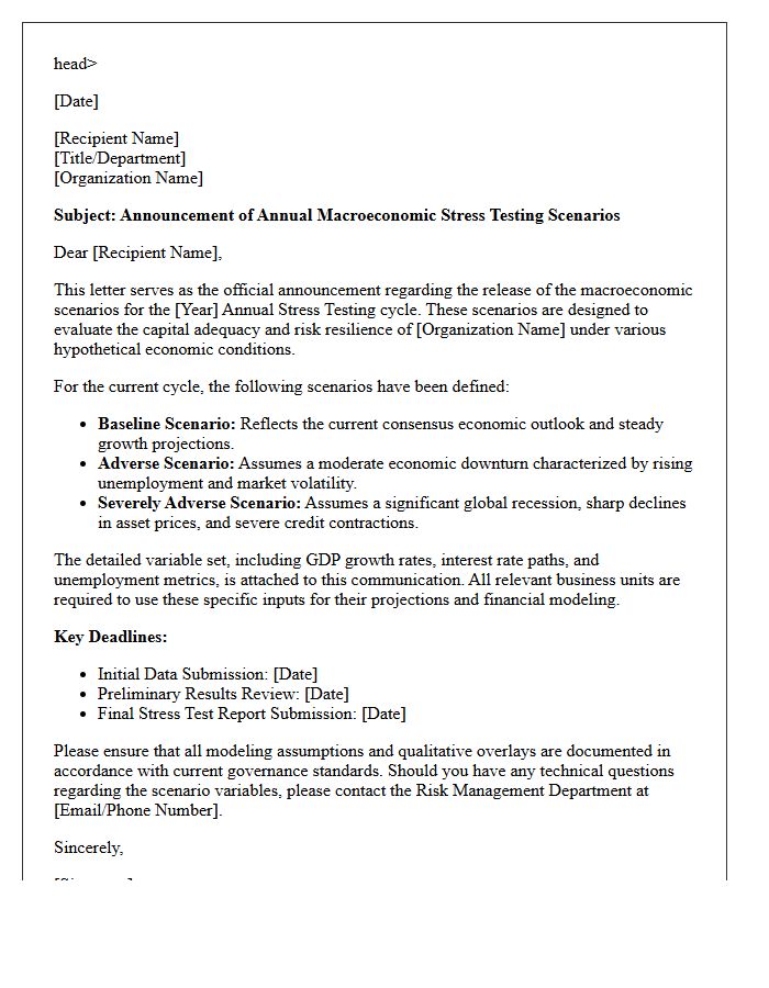 Annual Macroeconomic Stress Testing Scenario Announcement Letter