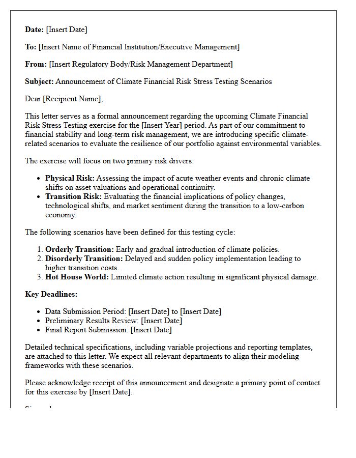 Climate Financial Risk Stress Testing Scenario Announcement Letter