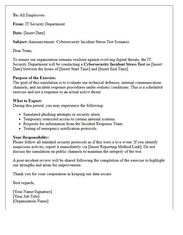 Cybersecurity Incident Stress Testing Scenario Announcement Letter