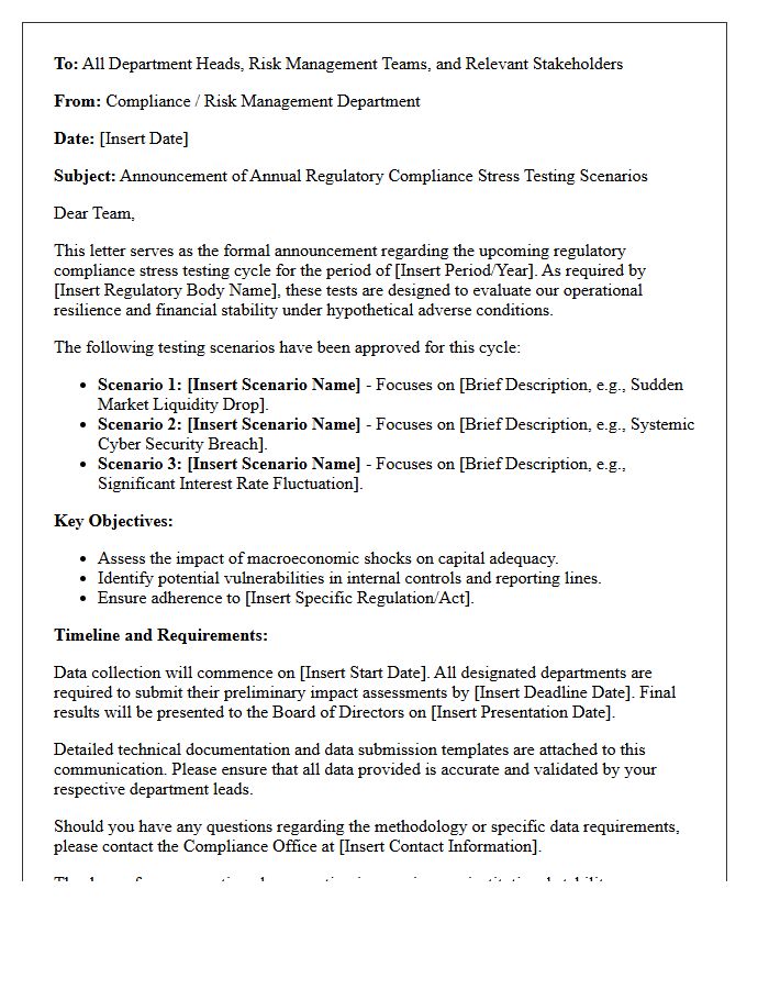 Regulatory Compliance Stress Testing Scenario Announcement Letter