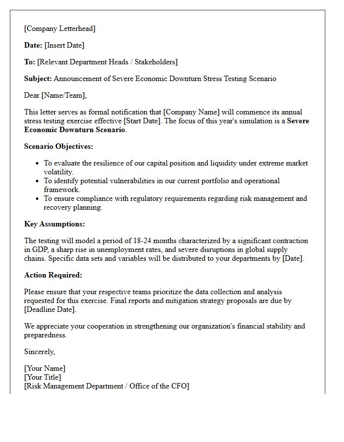 Severe Economic Downturn Stress Testing Scenario Announcement Letter