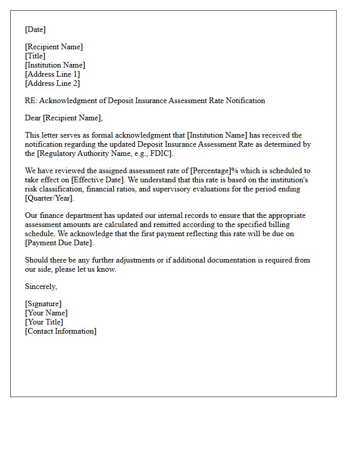 Deposit Insurance Assessment Rate Acknowledgment Letter