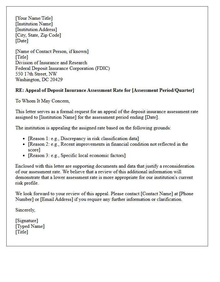 Deposit Insurance Assessment Rate Appeal Request Letter