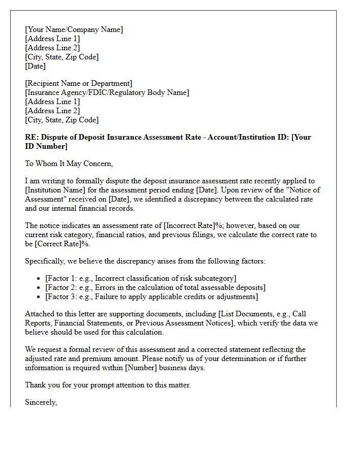 Deposit Insurance Assessment Rate Discrepancy Dispute Letter