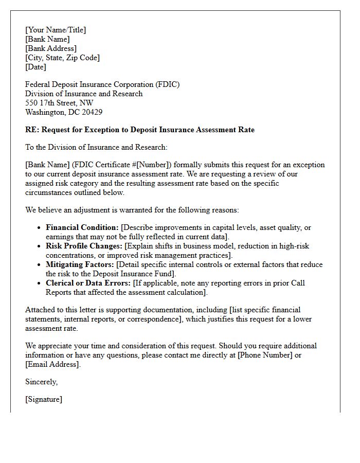 Deposit Insurance Assessment Rate Exception Request Letter