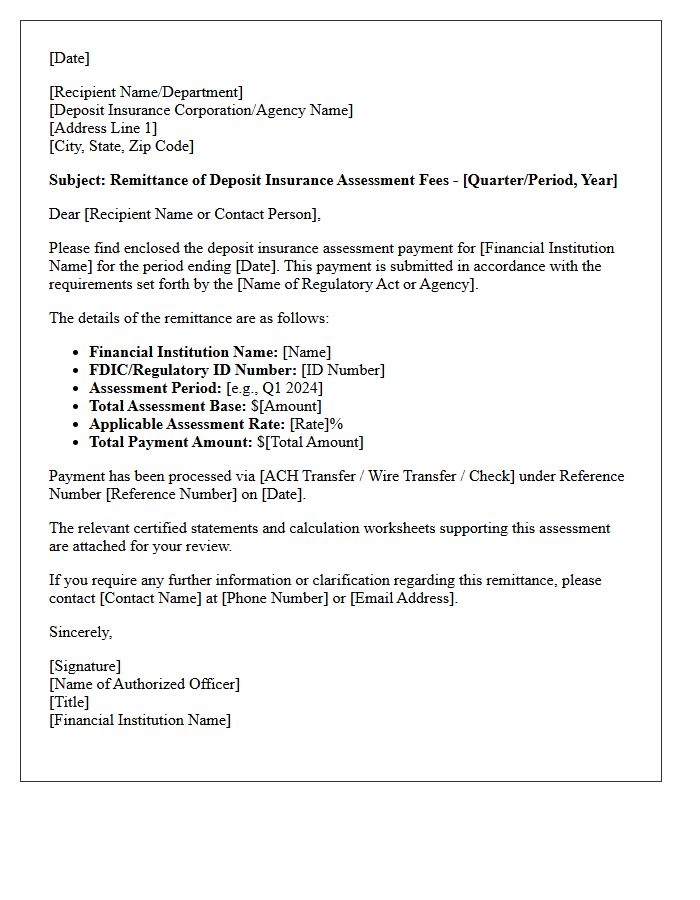 Deposit Insurance Assessment Rate Payment Remittance Letter