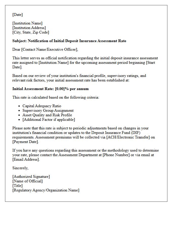 Initial Deposit Insurance Assessment Rate Notification Letter