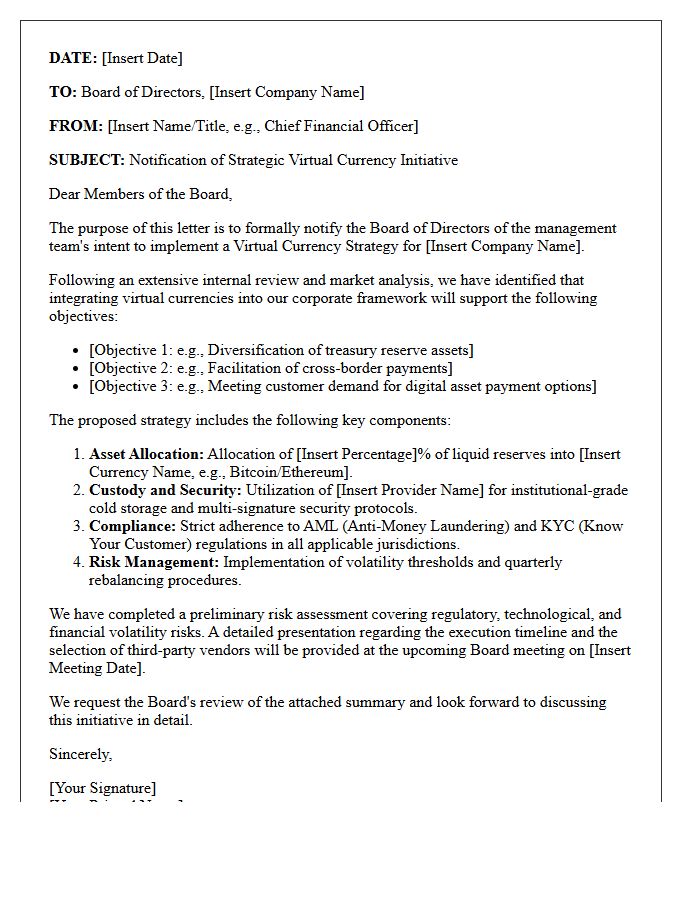 Board of Directors Virtual Currency Strategy Notification Letter