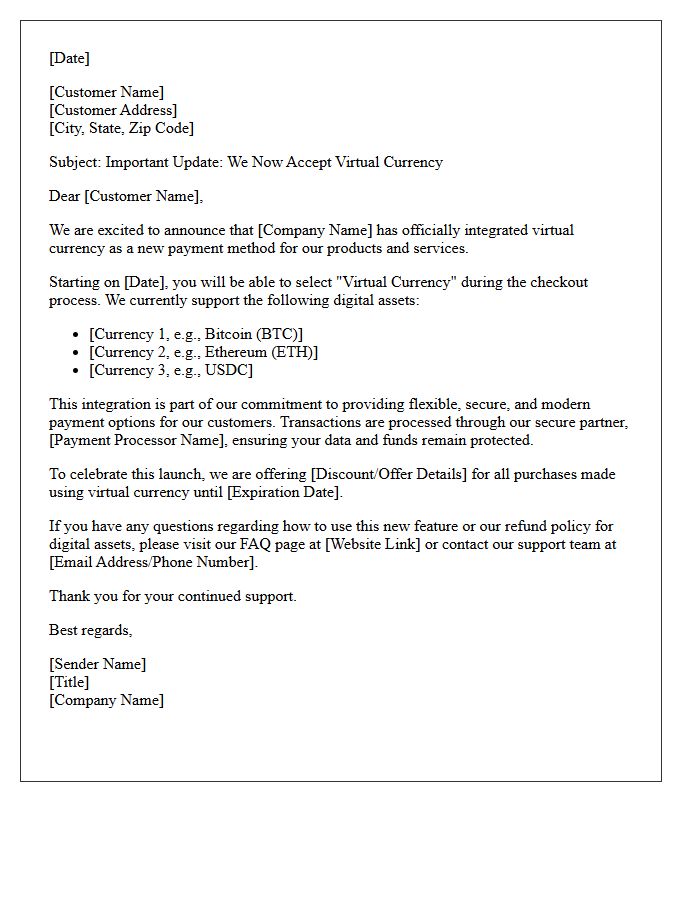 Customer Notification of Virtual Currency Integration Letter