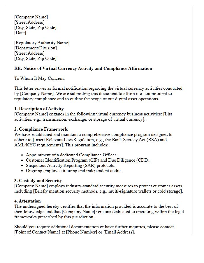 Regulatory Compliance Virtual Currency Activity Letter
