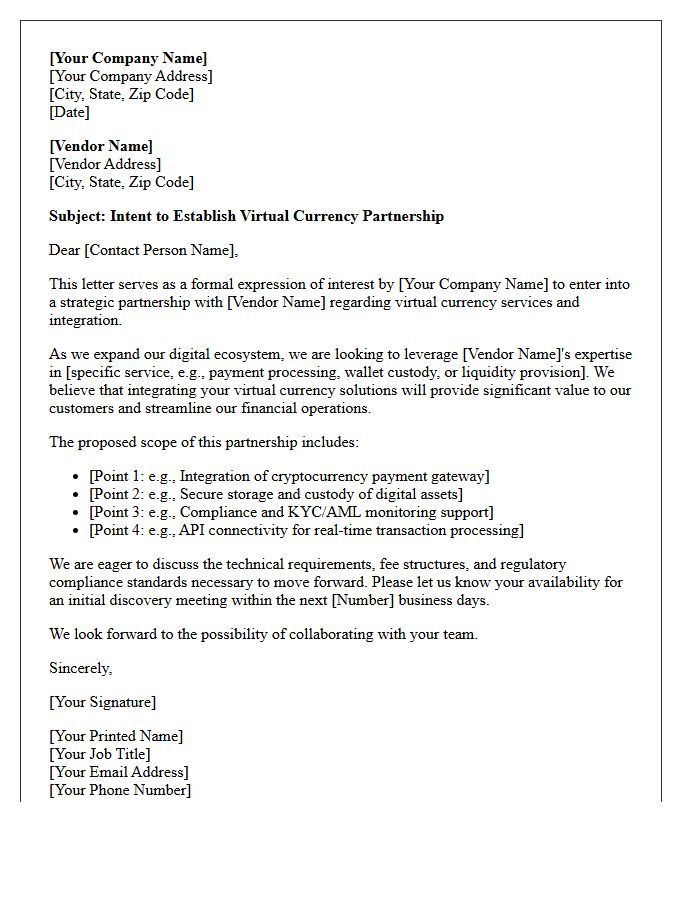Third-Party Vendor Virtual Currency Partnership Letter