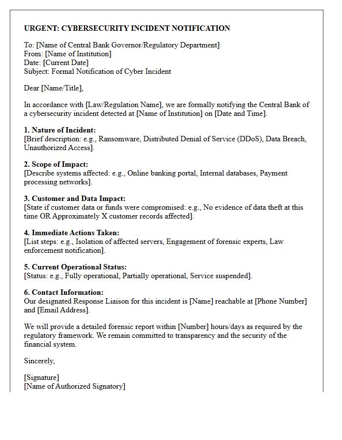 Central Bank Cyber Incident Alert Letter