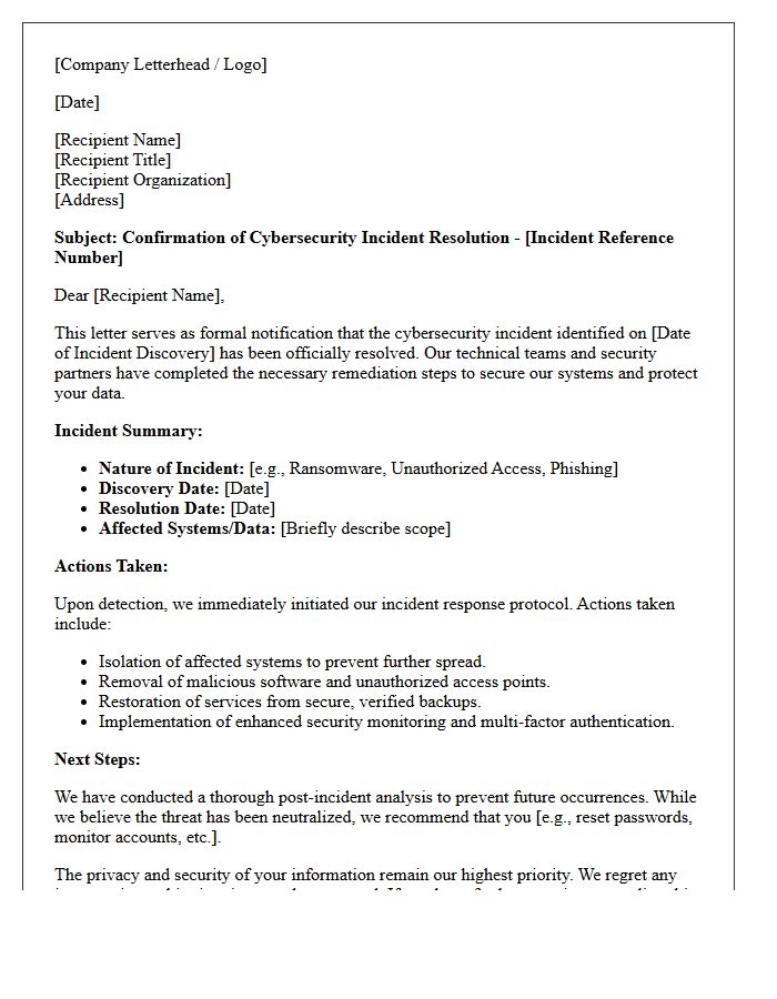 Cybersecurity Incident Resolution Confirmation Letter