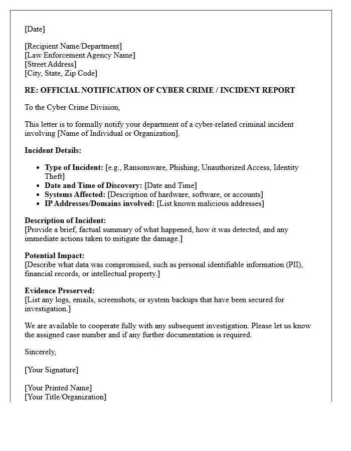 Law Enforcement Cyber Crime Notification Letter