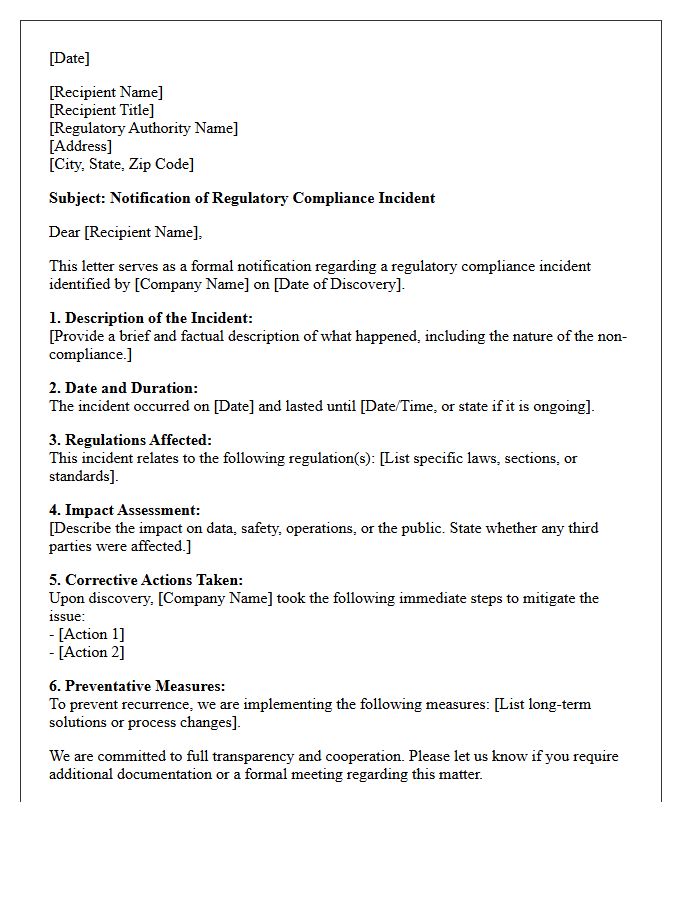 Regulatory Compliance Incident Reporting Letter