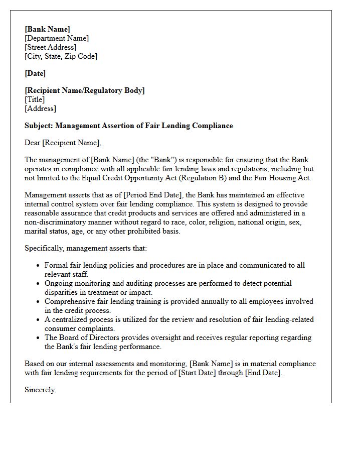 Bank Management Fair Lending Assertion Letter