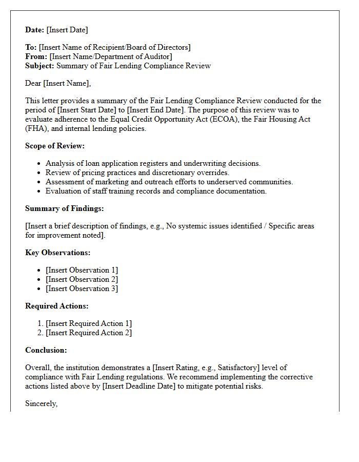 Fair Lending Compliance Review Summary Letter