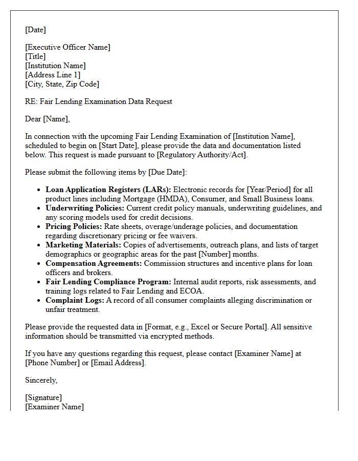 Fair Lending Examination Data Request Letter