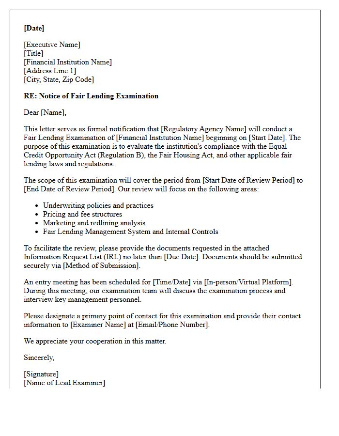 Fair Lending Examination Notification Letter