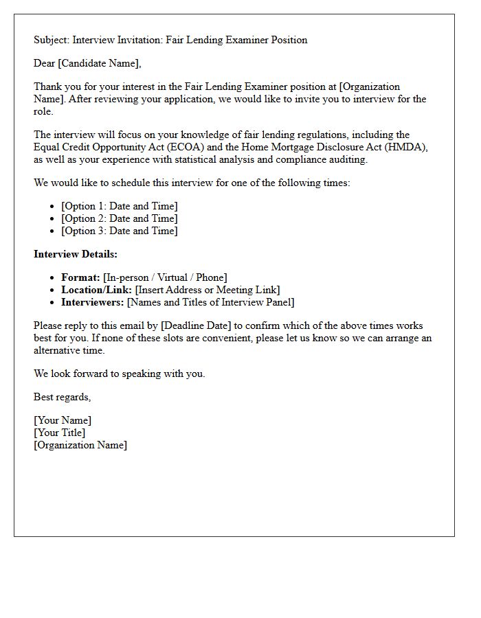 Fair Lending Examiner Interview Scheduling Letter