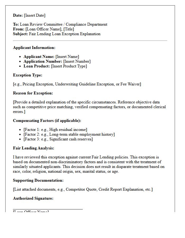 Fair Lending Loan Exception Explanation Letter